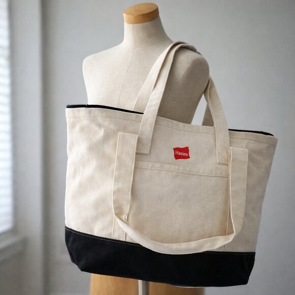 Gemline Handbags - Gemline Canvas Tote Bag Cream Black Bottom Zipper Hanes Logo Reusable